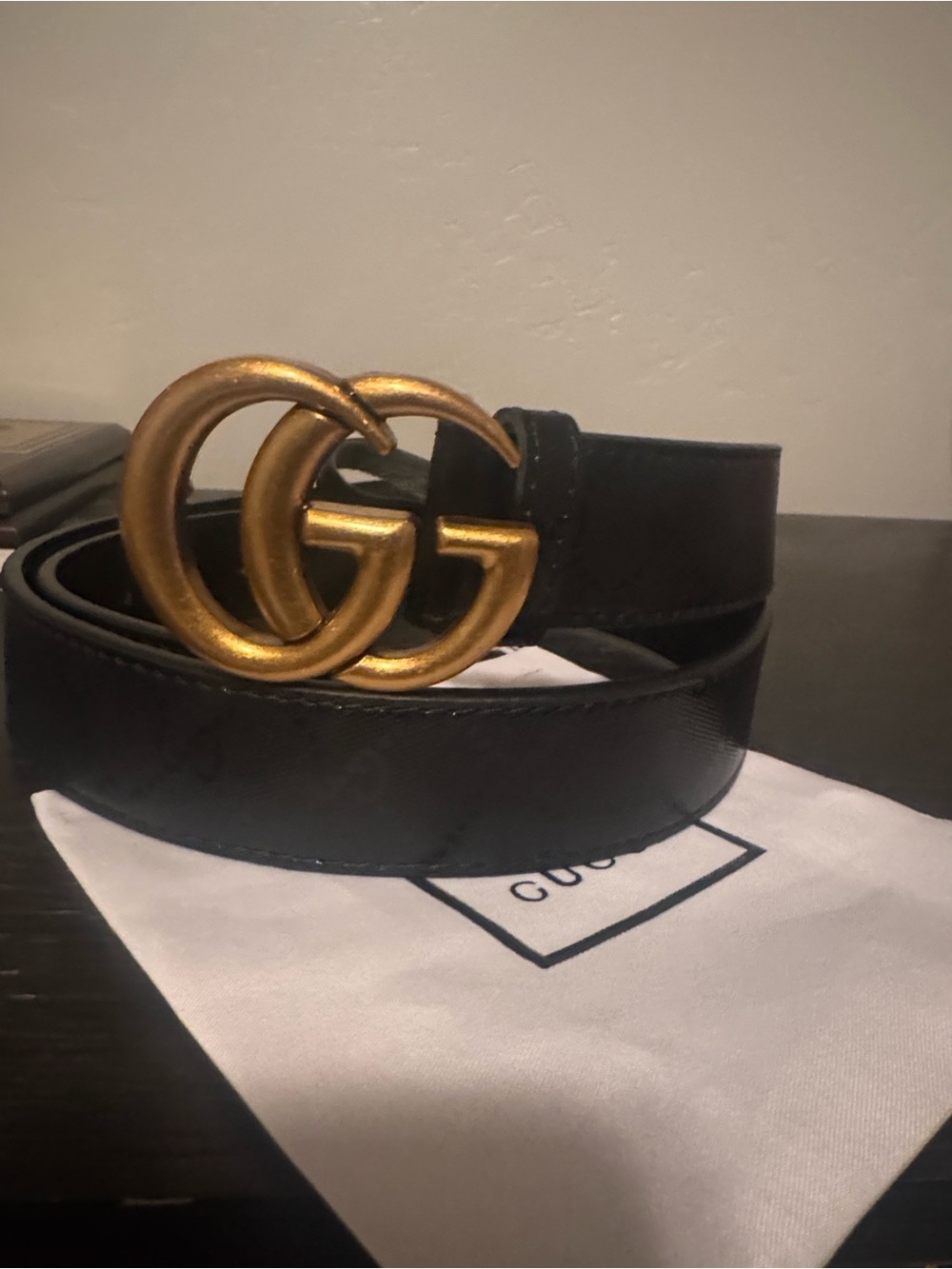 Gucci Black Leather Belt with Antique Gold Double G Buckle